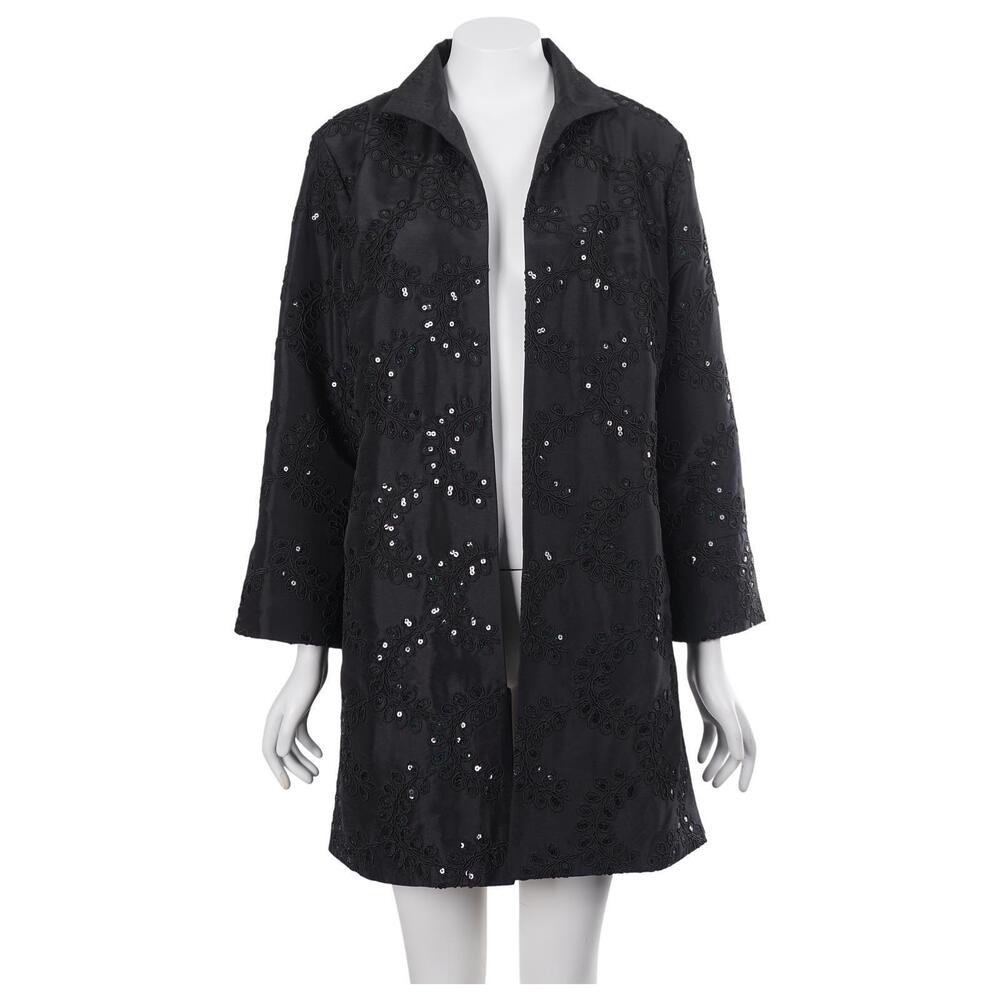GRACE CHUANG Evening Jacket L Black Sequin Applique Open Front Pockets Topper